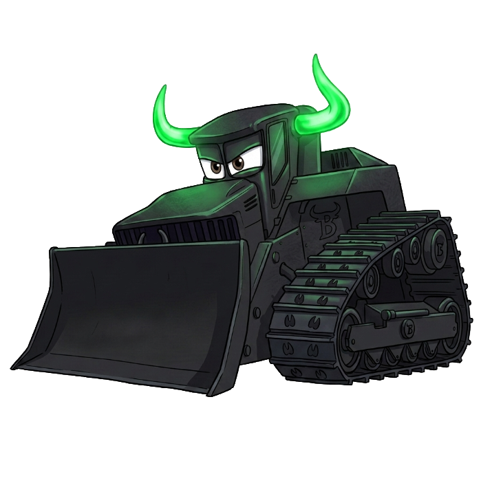 $BULLDOZER mascot, a green-horned bulldozer